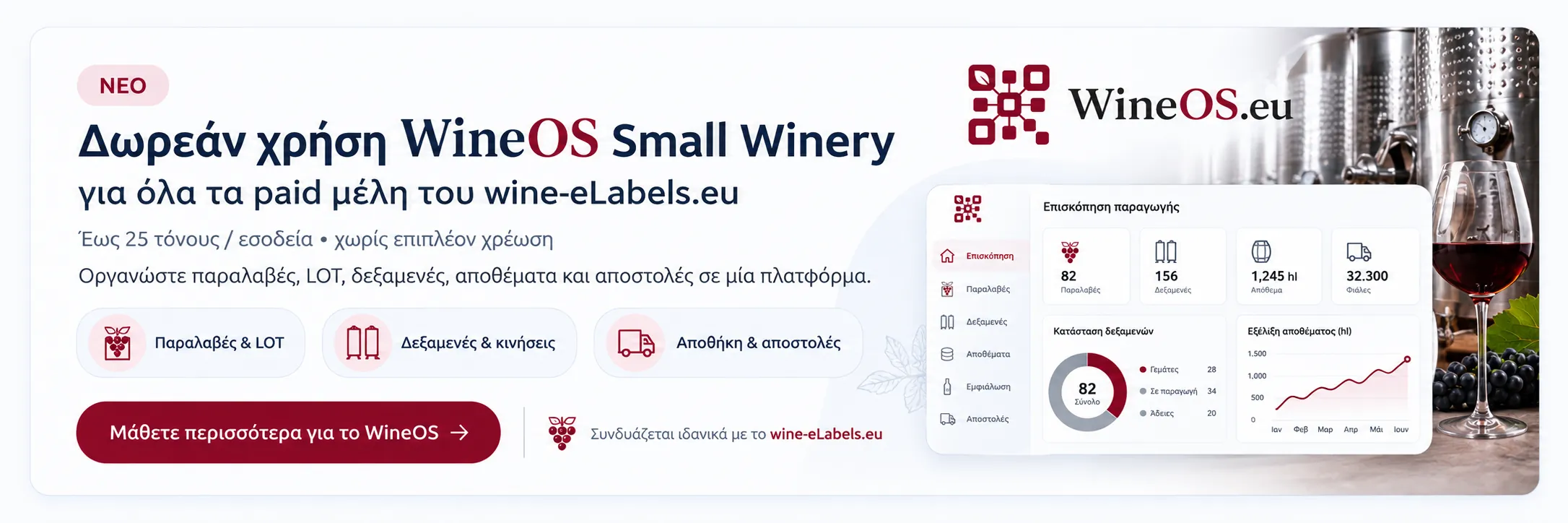 Δωρεάν χρήση WineOS Small Winery για τα συνδρομητικά μέλη του wine-elabels.eu έως 25 τόνους ανά εσοδεία